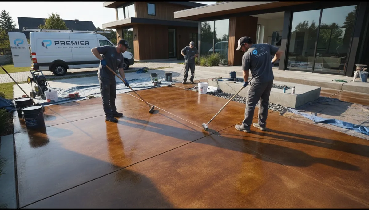 Professional concrete staining on patio by house painters in Kissimmee, FL