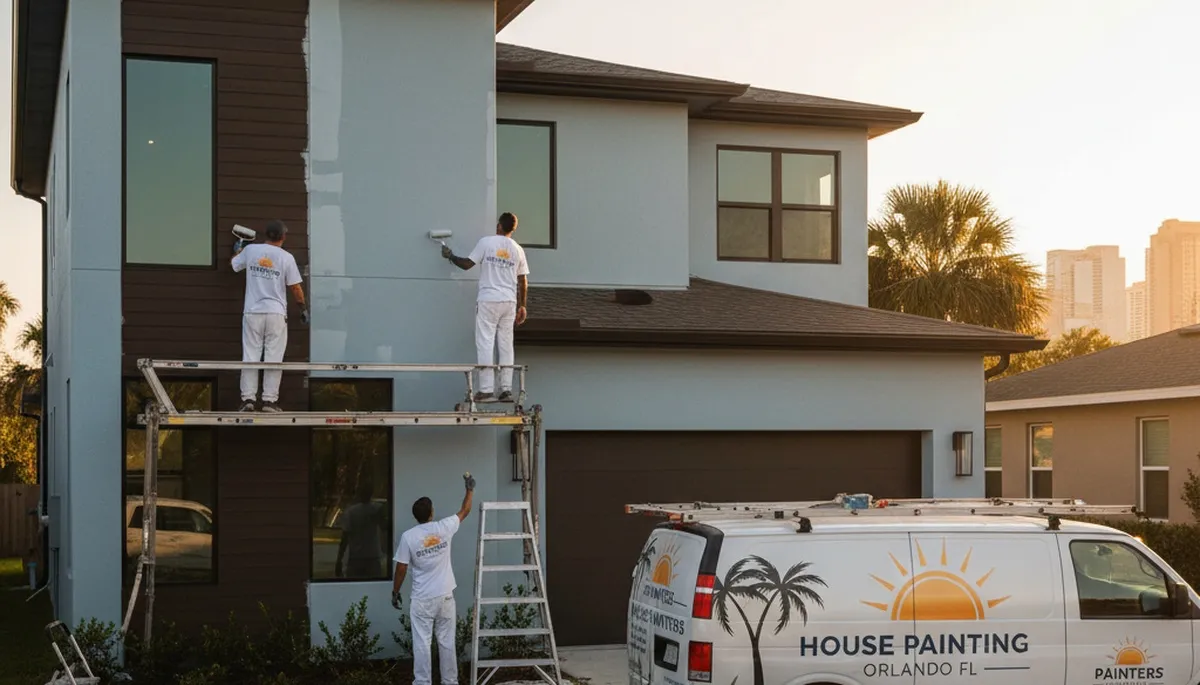 Professional house painters in Kissimmee FL finishing exterior home painting with quality tools