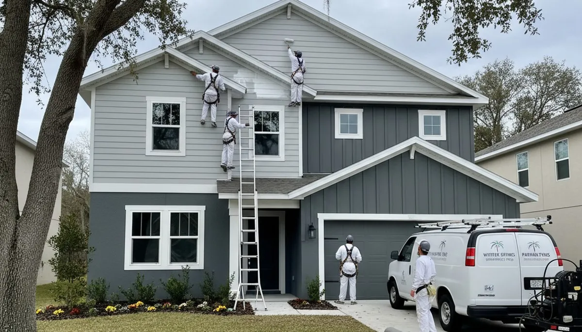 Professional house painters in Kissimmee FL applying fresh exterior home paint finish