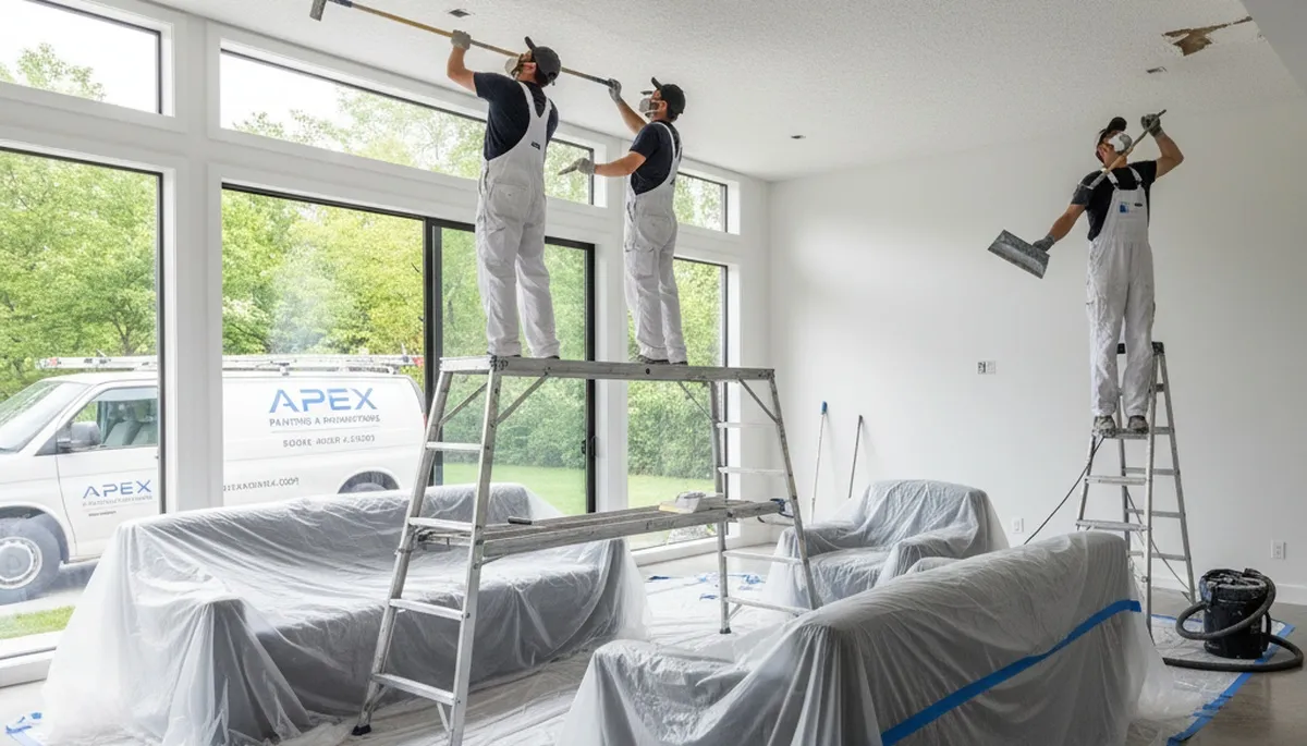 Technicians removing popcorn ceiling in Kissimmee FL home with clean dust-free painting service